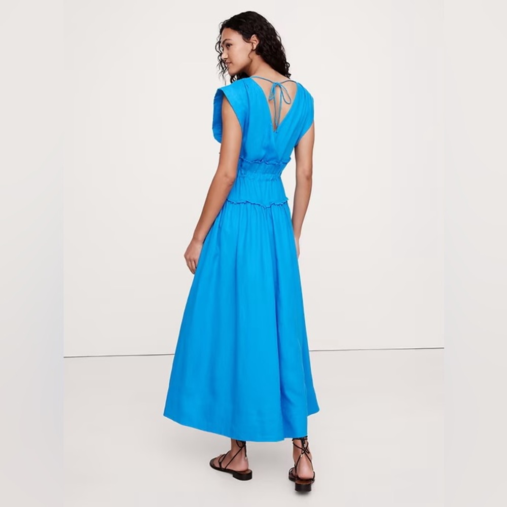 NEW! Banana Republic Blue Cabana Linen Cinch-Waist Maxi Dress - Medium 🍉 - Picture 2 of 9